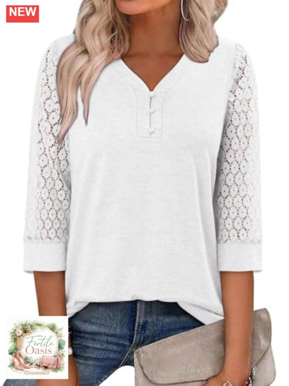3/4 Sleeve V-Neck Tunic Blouse Business Casual Stretchy Knit